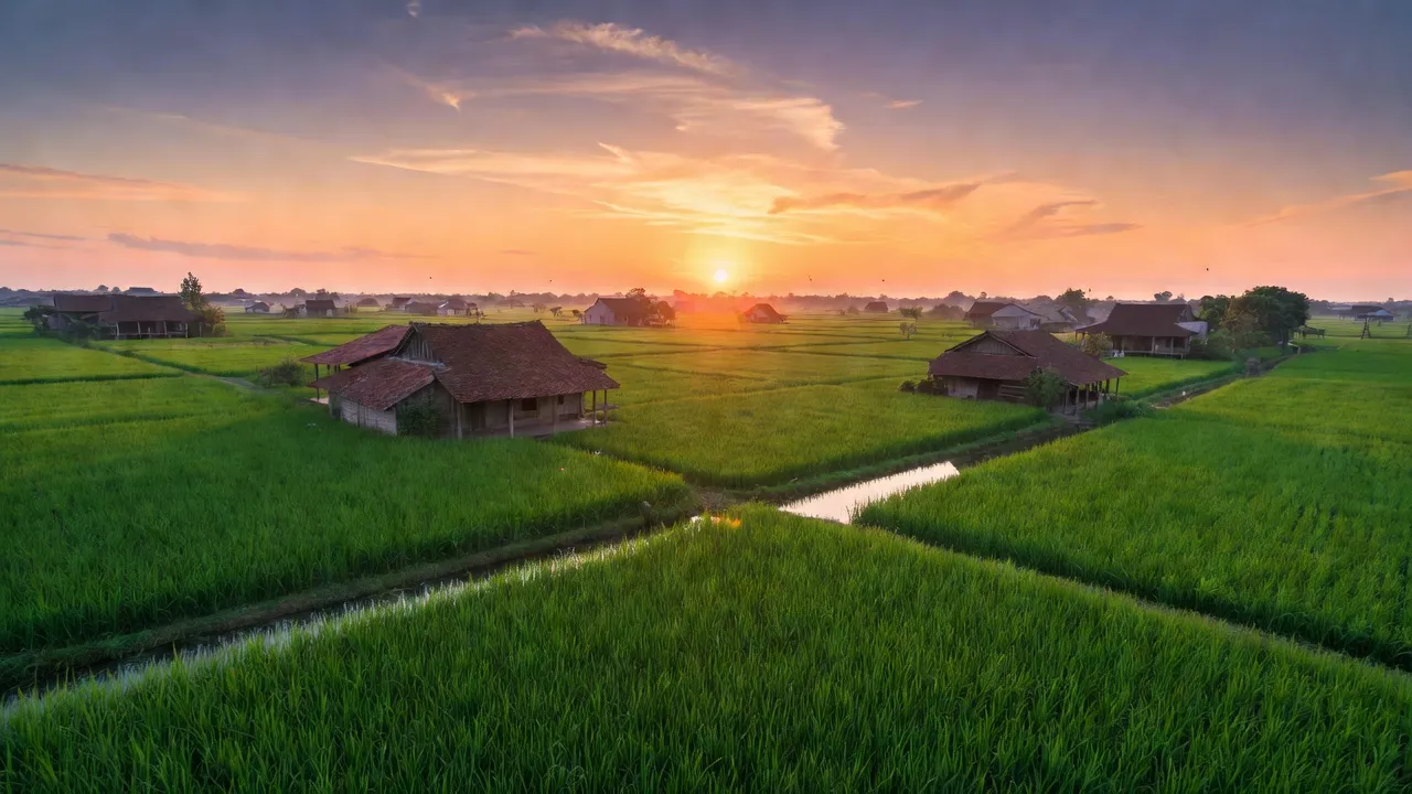 Cảnh quan xã Cát Quế, huyện Hoài Đức, Hà Nội, với đồng xanh và nhà truyền thống.