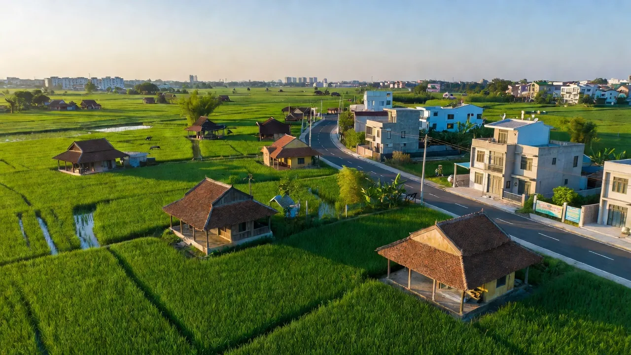 Cát Quế, Hoài Đức, Hà Nội với cảnh đồng xanh và khí trời trong lành, thể hiện sự phát triển ven đô.
