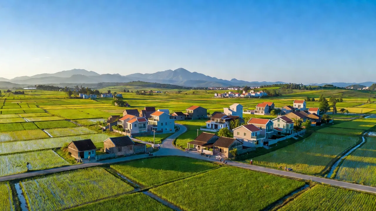 Cảnh quan xã Đắc Sở, huyện Hoài Đức, Hà Nội với đồng ruộng và nhà ở, thể hiện sự phát triển đô thị.