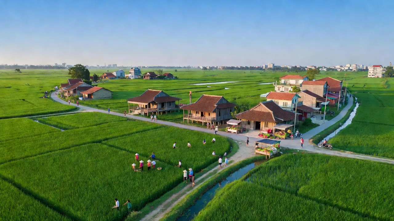 Khung cảnh xanh tươi xã Đắc Sở, huyện Hoài Đức, thành phố Hà Nội, thể hiện đời sống cộng đồng.