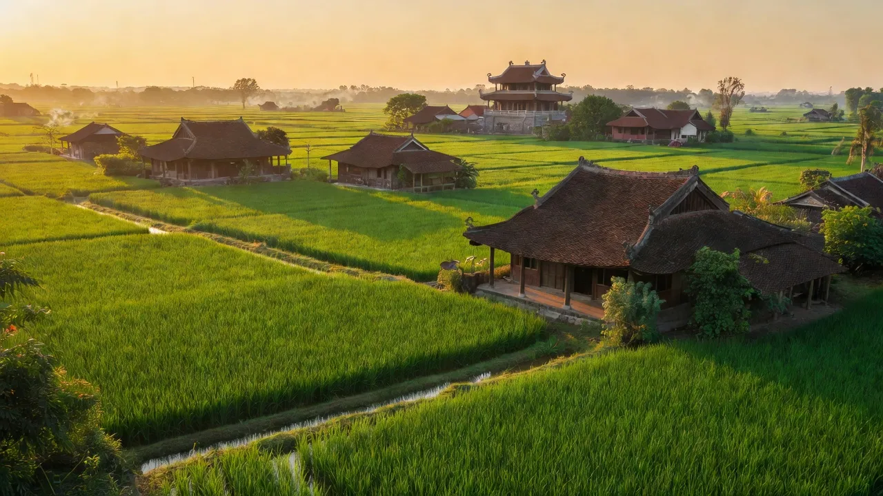 Khung cảnh Xã Di Trạch, Huyện Hoài Đức, Hà Nội với cánh đồng xanh và kiến trúc truyền thống.
