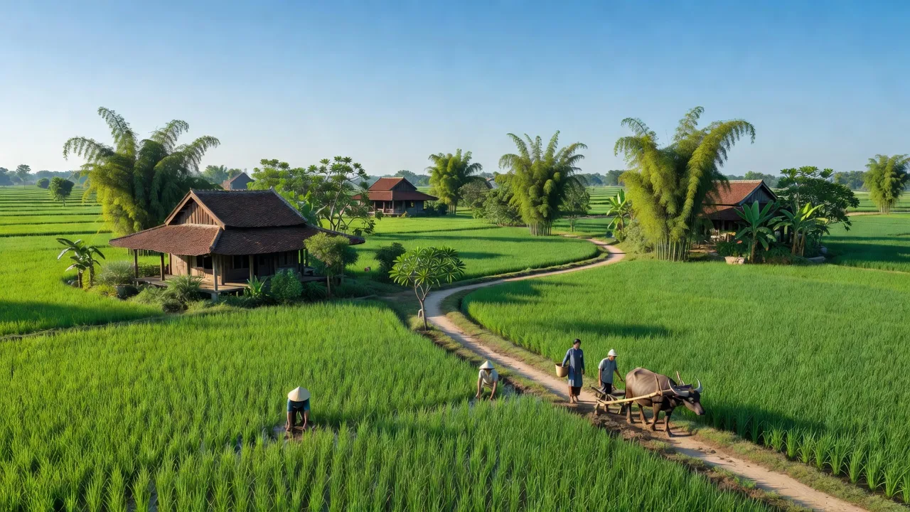 Khung cảnh xã Di Trạch, huyện Hoài Đức với cánh đồng xanh, nhà truyền thống Việt Nam, và bầu trời trong xanh.