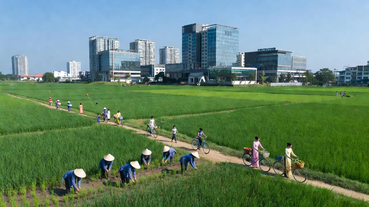 Khung cảnh Đông La, huyện Hoài Đức, Hà Nội, với cánh đồng xanh và công trình hiện đại.