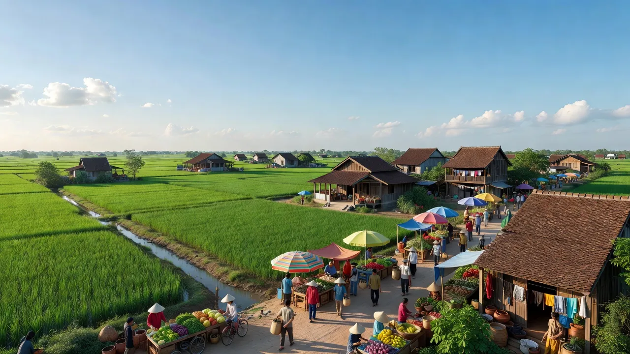 Quang cảnh xã Đức Giang, huyện Hoài Đức, Hà Nội với cánh đồng xanh mướt và nhà truyền thống.