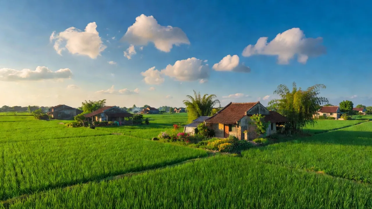 Khung cảnh xã Đức Thượng, huyện Hoài Đức, Hà Nội với cánh đồng xanh và nhà cửa, bầu trời trong xanh.