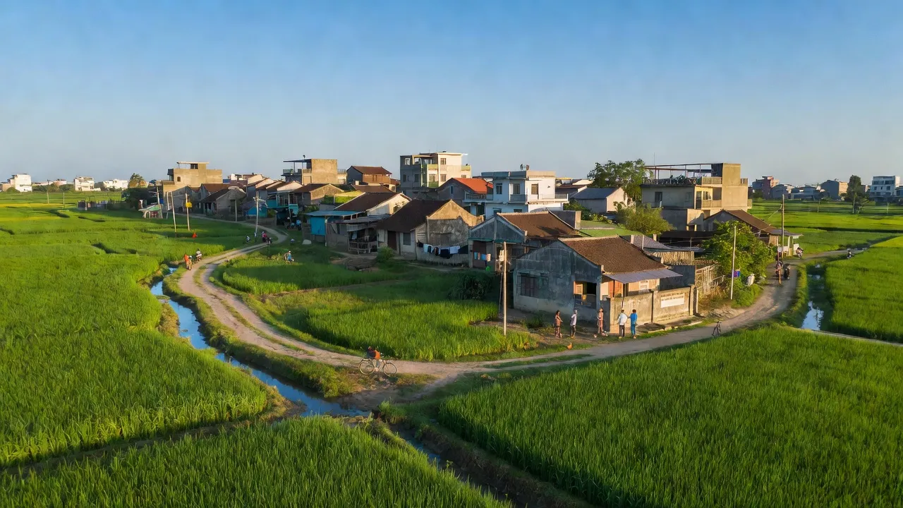 Khung cảnh đẹp tại xã Dương Liễu, huyện Hoài Đức, Hà Nội với cánh đồng xanh và nhà truyền thống.