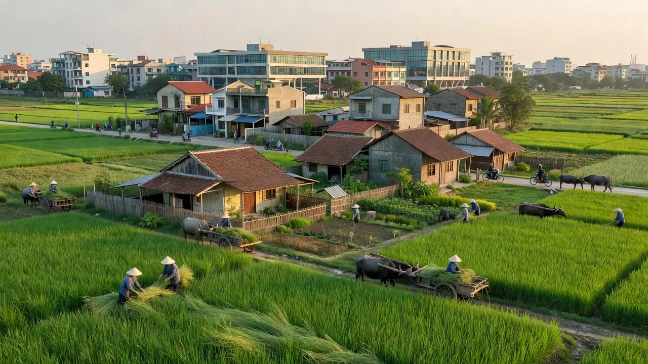 Khung cảnh nông thôn xã Dương Liễu, Hoài Đức, Hà Nội với ruộng xanh và nhà dân.