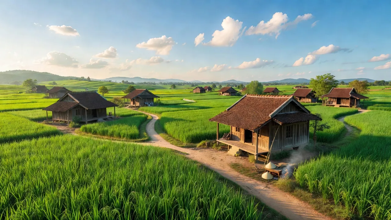 Cảnh đẹp Xã La Phù, huyện Hoài Đức, Hà Nội với cánh đồng xanh tươi và nhà truyền thống.