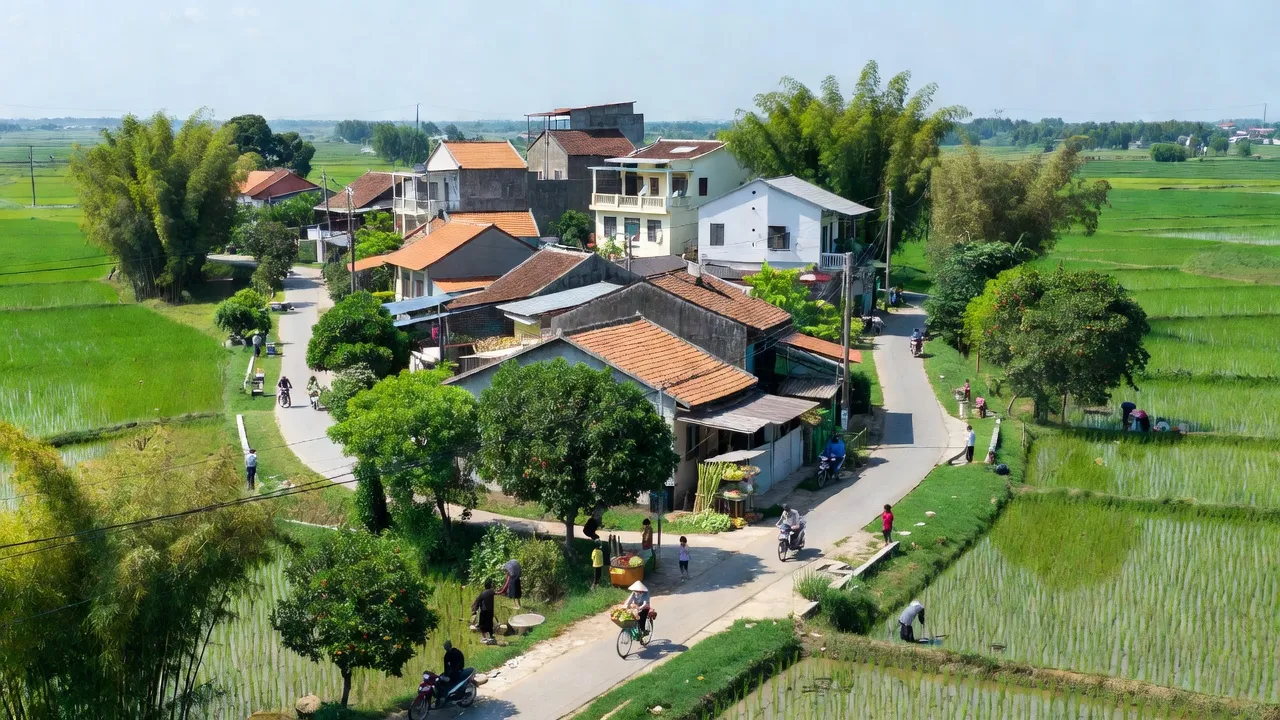 Khung cảnh Xã Minh Khai, huyện Hoài Đức, Hà Nội với hạ tầng và cây xanh xung quanh.
