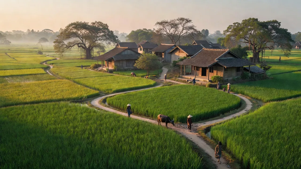 Khung cảnh làng Sơn Đồng, huyện Hoài Đức, với kiến trúc truyền thống và cánh đồng xanh tươi.