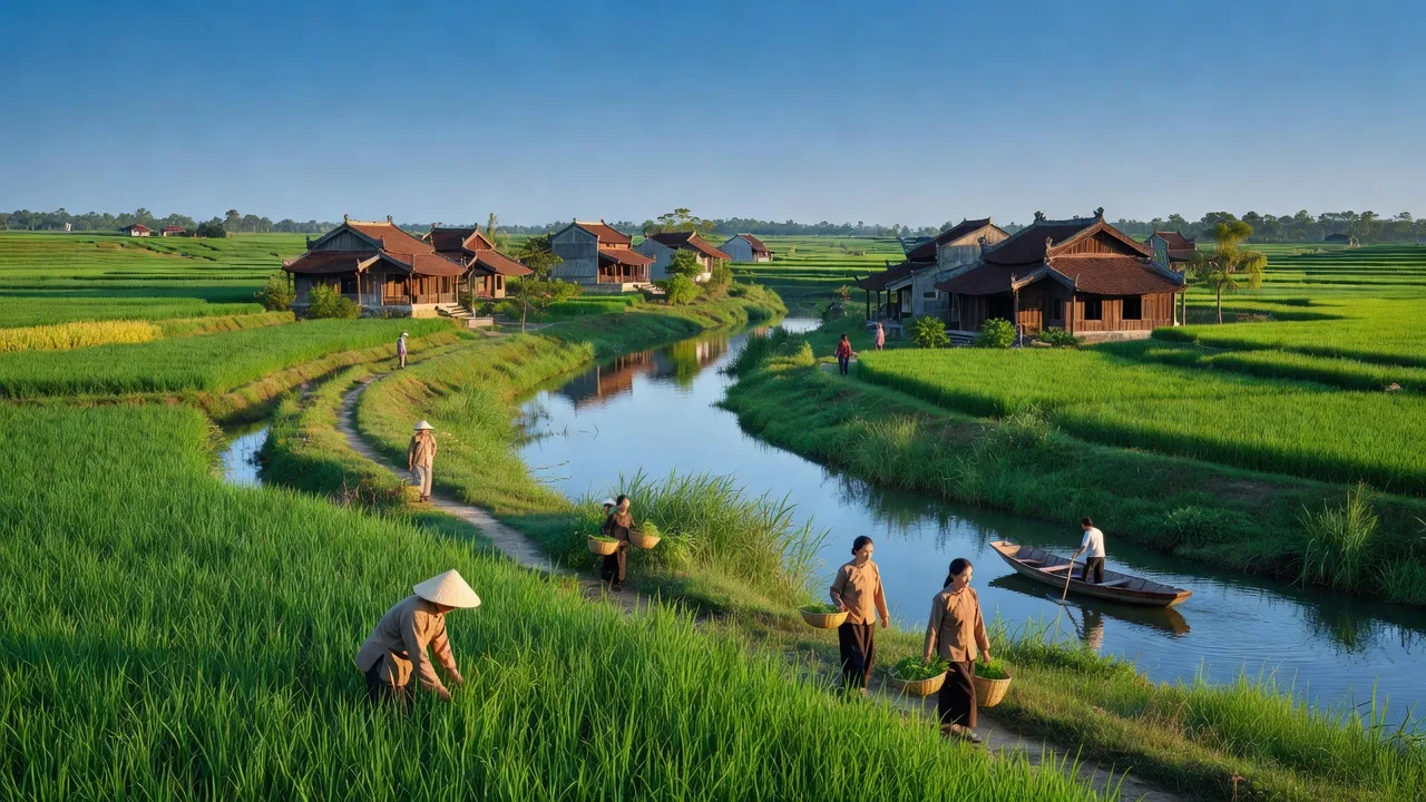 Khung cảnh Xã Song Phương, Hoài Đức với ruộng lúa, nhà truyền thống bên sông Đáy.