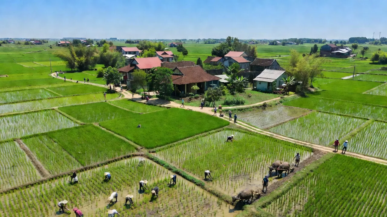 Khung cảnh xã Tiền Yên, huyện Hoài Đức với cánh đồng xanh và nhà cửa truyền thống, Hà Nội.