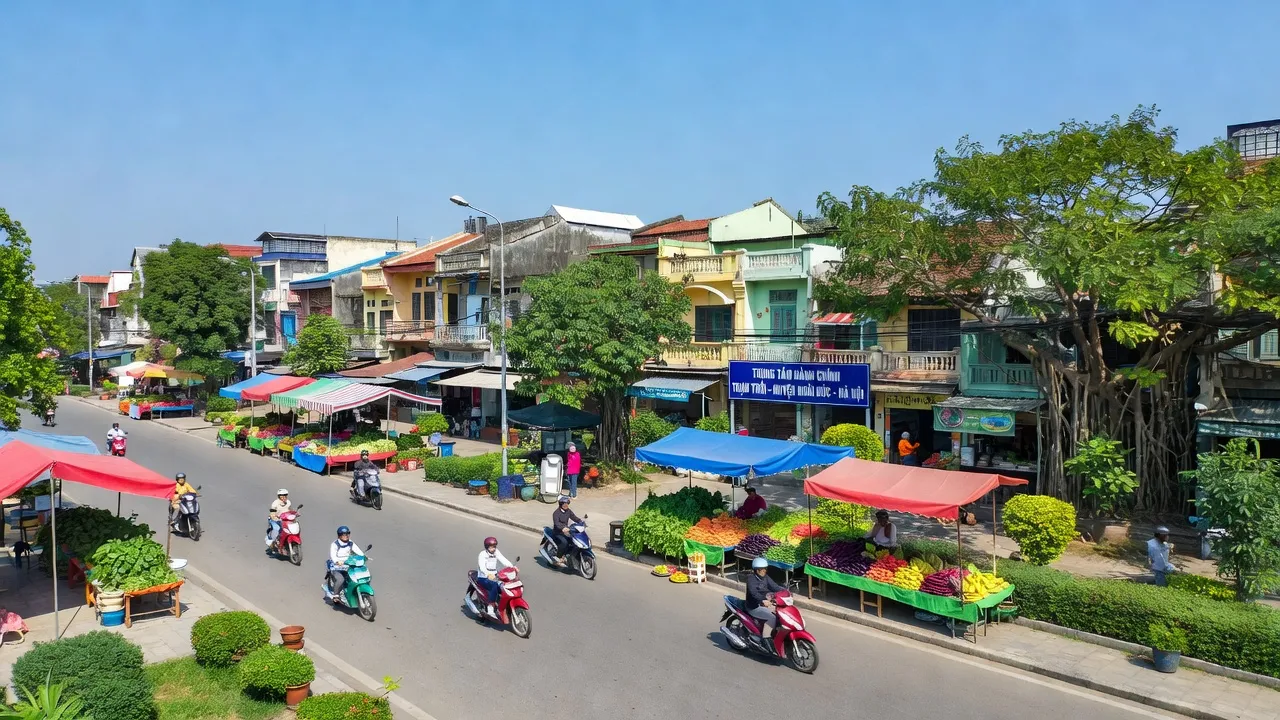 Khung cảnh thị trấn Trạm Trôi, huyện Hoài Đức, Hà Nội với đường phố nhộn nhịp và thiên nhiên xanh tươi.