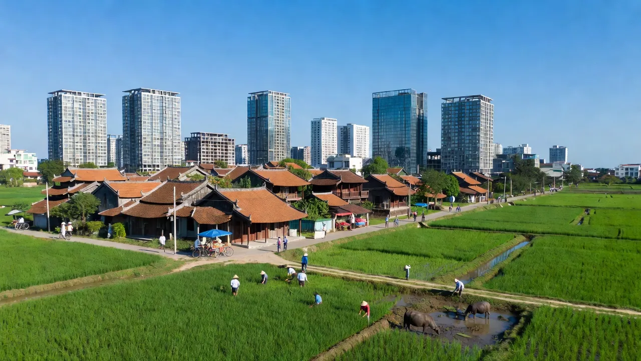 Khung cảnh xã Vân Canh, huyện Hoài Đức, Hà Nội với kiến trúc truyền thống và sự phát triển đô thị hiện đại.