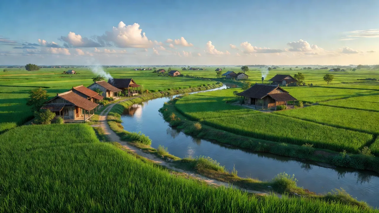 Cảnh đẹp Xã Vân Côn, huyện Hoài Đức, Hà Nội với cánh đồng xanh và sông Đáy.