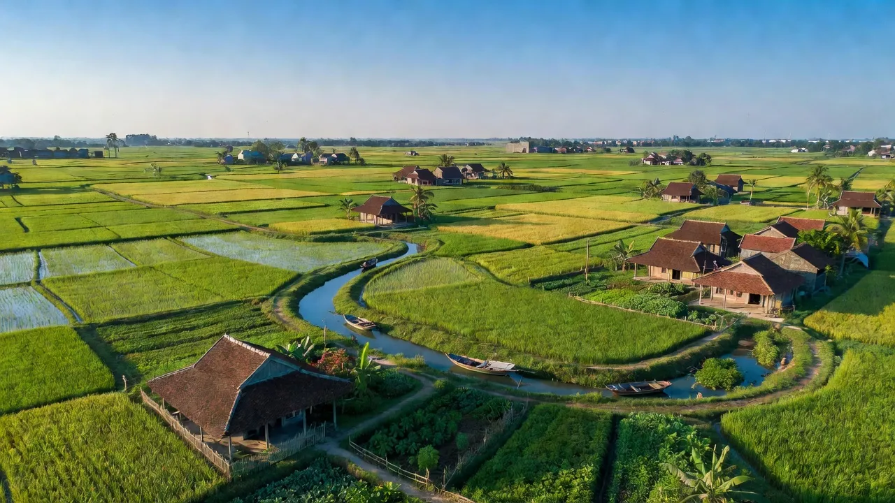 Cảnh đẹp xã Yên Sở, huyện Hoài Đức với cánh đồng xanh mát và sông Đáy nên thơ.