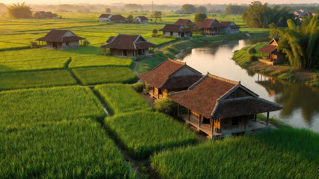 Khung cảnh bình yên của xã Yên Sở, huyện Hoài Đức, với cánh đồng xanh và sông Đáy.