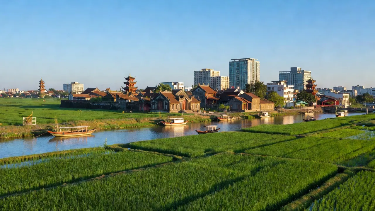 Khung cảnh huyện Mê Linh, Hà Nội với đồng xanh và công trình lịch sử, phát triển đô thị.