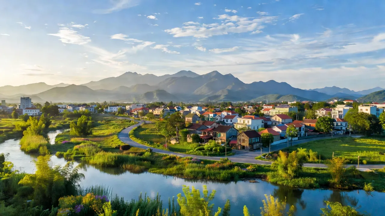 Khung cảnh thị trấn Chi Đông, huyện Mê Linh, Hà Nội với cảnh quan xanh mát và sông nước.