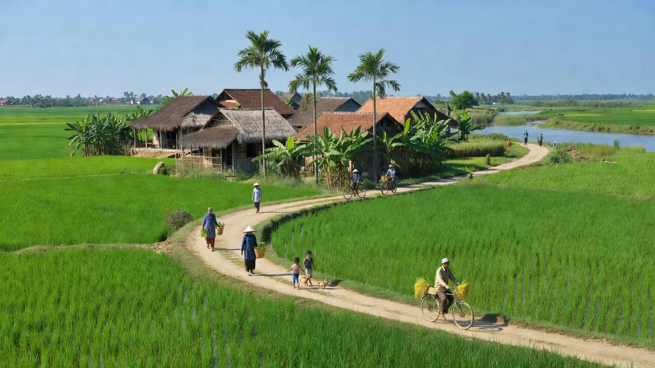 Khung cảnh xã Chu Phan, Huyện Mê Linh, Hà Nội với cánh đồng xanh và đường dẫn ra sông Hồng.