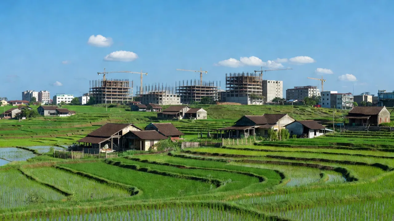 Cảnh quan xã Đại Thịnh, huyện Mê Linh, Hà Nội với ruộng bậc thang và nhà nông thôn truyền thống.