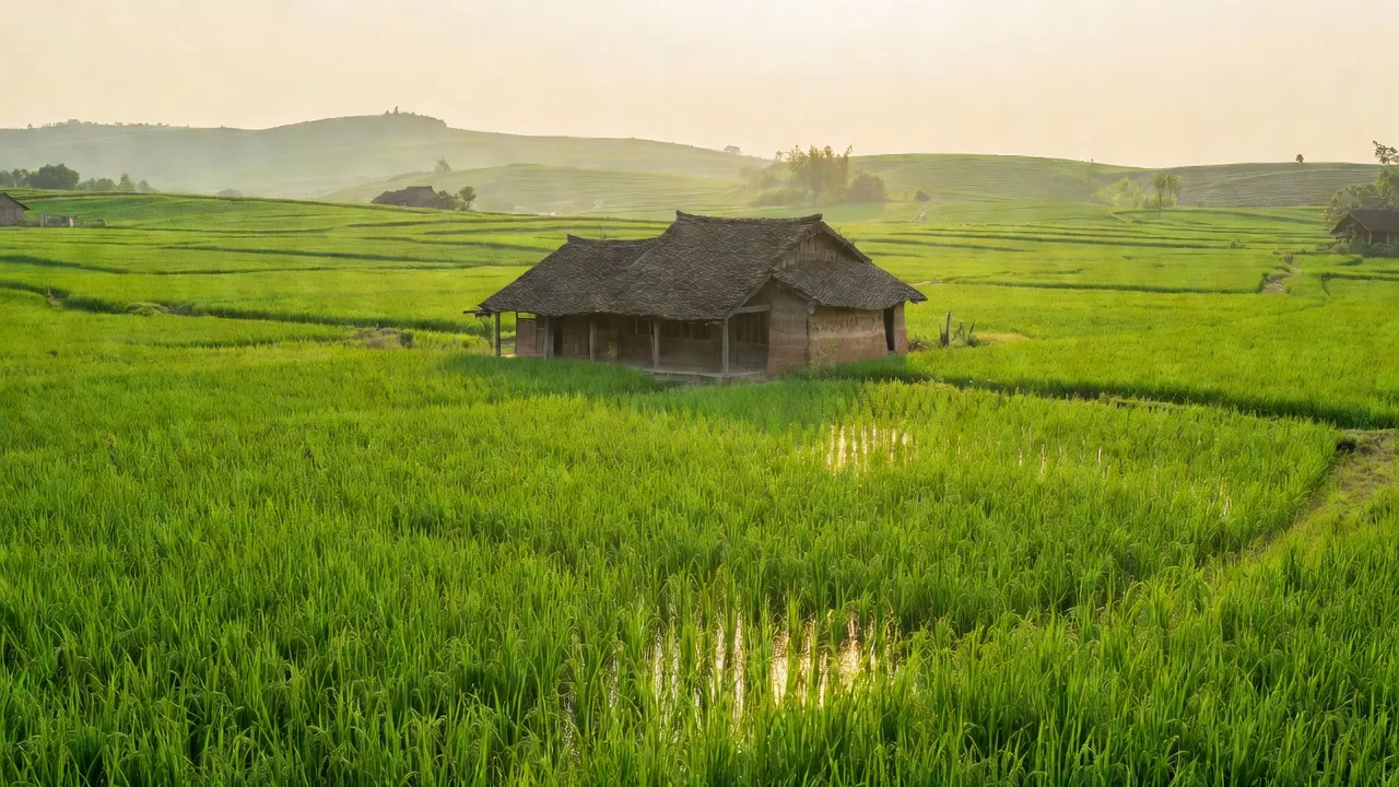 Cảnh đẹp xã Hoàng Kim, huyện Mê Linh, Hà Nội, với ngôi nhà nông thôn và cánh đồng xanh.
