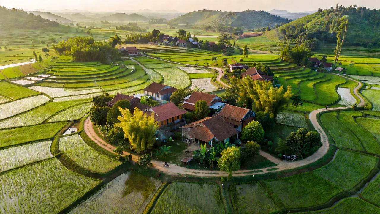 Cảnh đẹp xã Hoàng Kim, huyện Mê Linh, Hà Nội với ruộng đồng xanh tươi và làng quê yên bình.