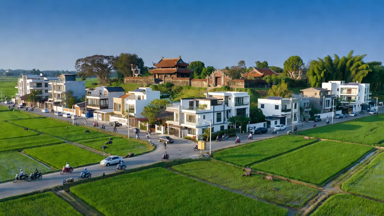 Khung cảnh Xã Kim Hoa, Huyện Mê Linh, Hà Nội với kiến trúc hiện đại và đồng ruộng xanh tươi.