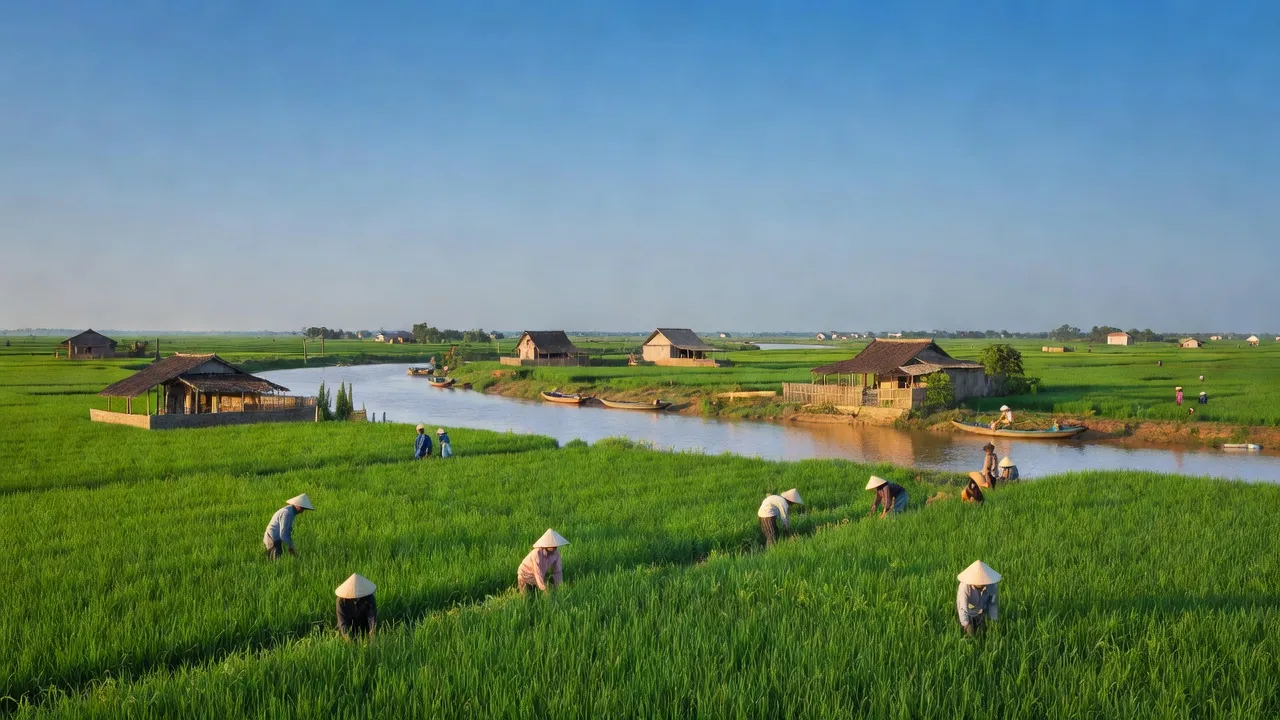 Khung cảnh bình yên tại xã Liên Mạc, huyện Mê Linh, Hà Nội với ruộng xanh và dòng sông Hồng.