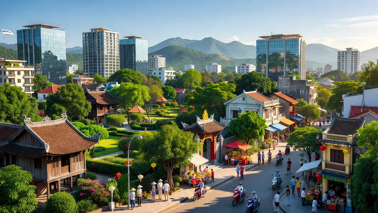Thị trấn Quang Minh, huyện Mê Linh, Hà Nội với cảnh quan tươi đẹp và cuộc sống nhộn nhịp.