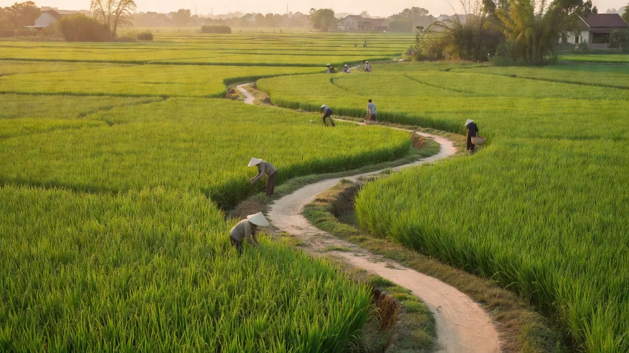 Cảnh đẹp xã Tam Đồng, huyện Mê Linh, Hà Nội với đồng lúa xanh và người dân chăm sóc ruộng.