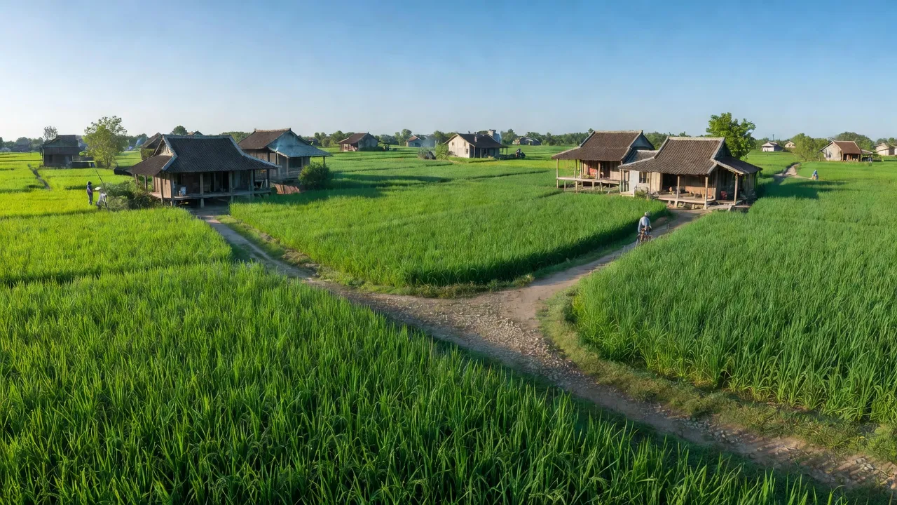 Cảnh nông thôn xã Tam Đồng, huyện Mê Linh, Hà Nội với cánh đồng xanh và nhà truyền thống.