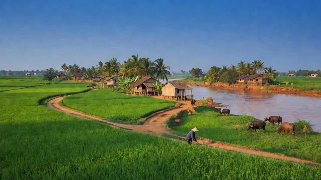 Cảnh quan đồng bằng sông Hồng tại xã Thạch Đà, huyện Mê Linh, Hà Nội, với cánh đồng xanh tươi.