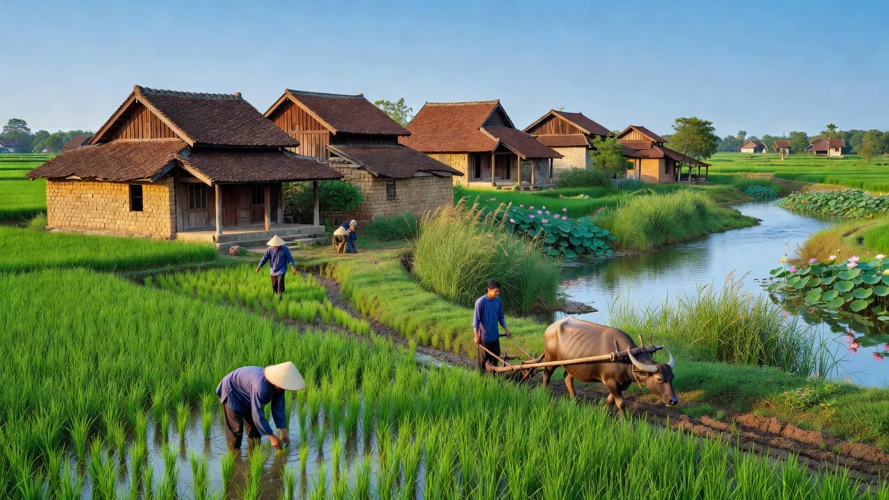 Cảnh quan xã Thanh Lâm, huyện Mê Linh, Hà Nội với kiến trúc truyền thống và đồng xanh.