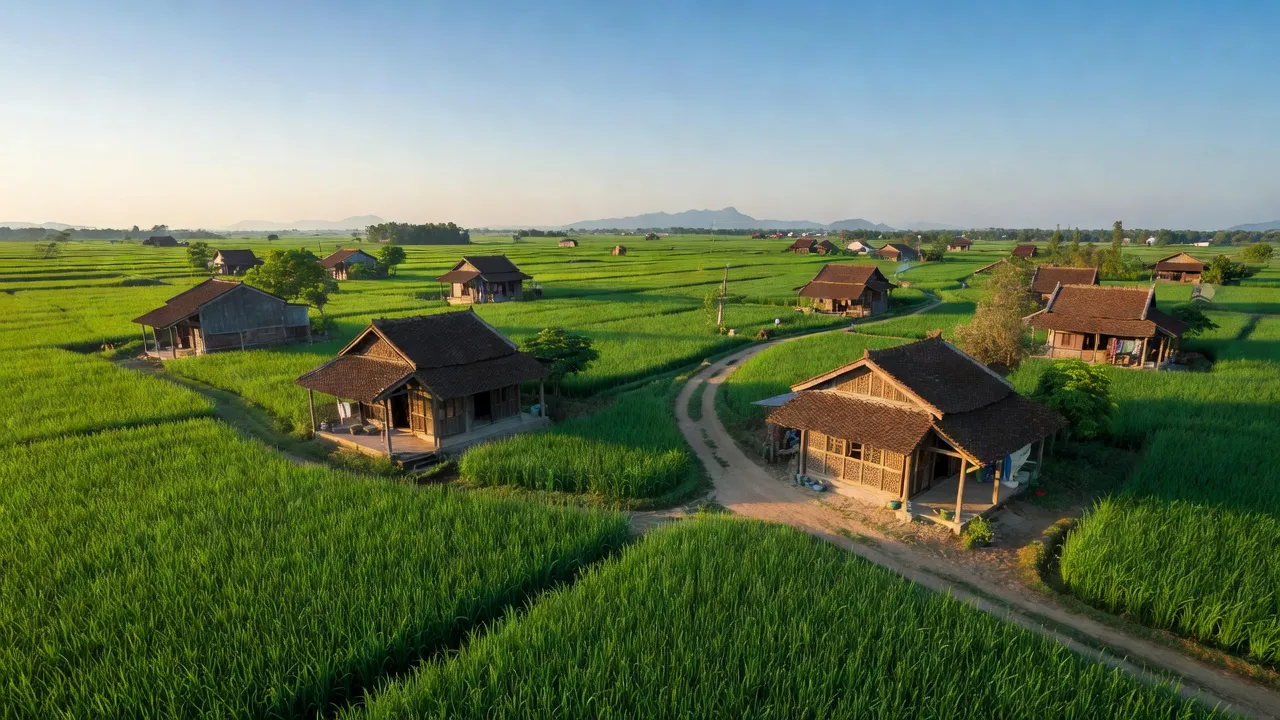 Khung cảnh đồng quê xã Tiến Thắng, huyện Mê Linh, Hà Nội với những cánh đồng xanh tươi.