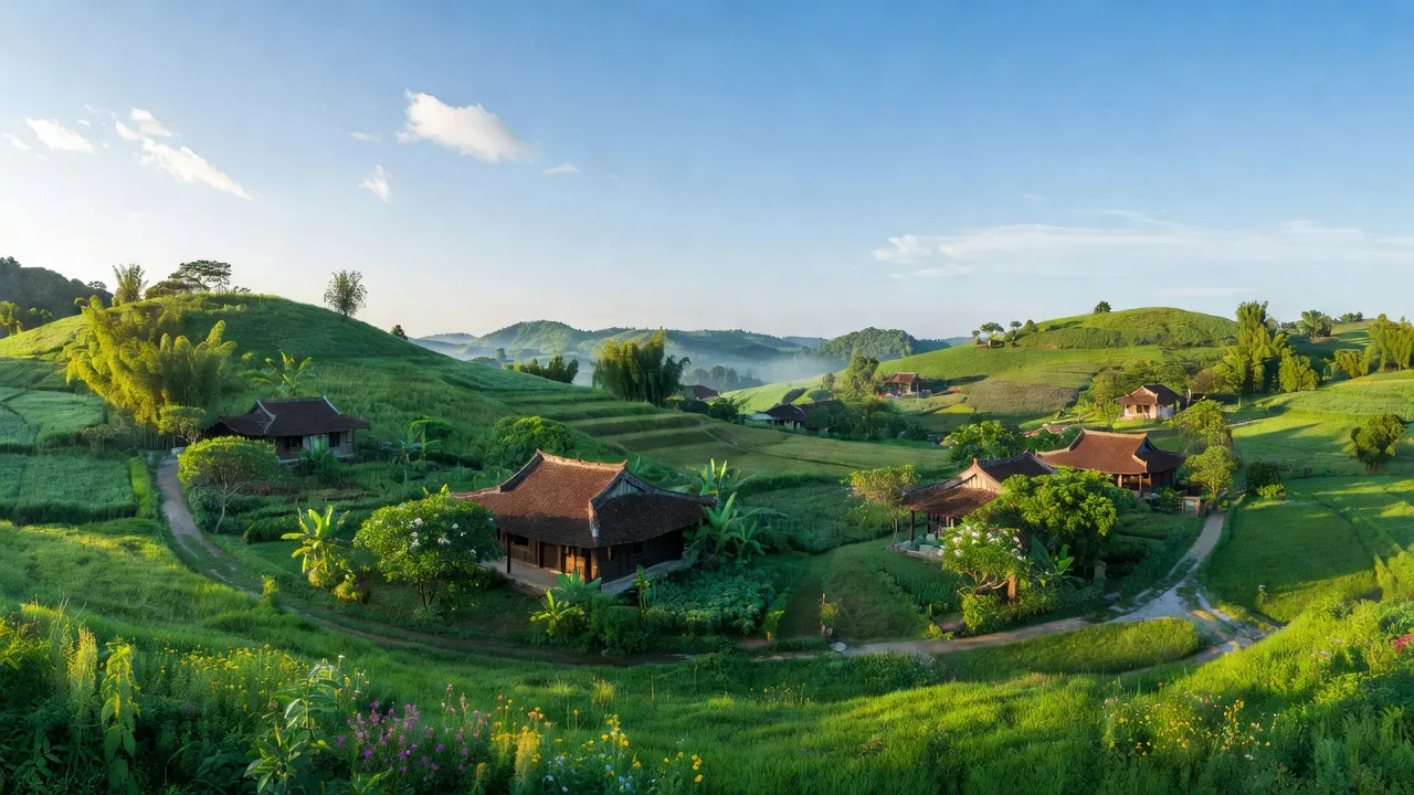 Quang cảnh xã Tiến Thịnh, huyện Mê Linh, Hà Nội với đồi núi xanh mát và không khí trong lành.