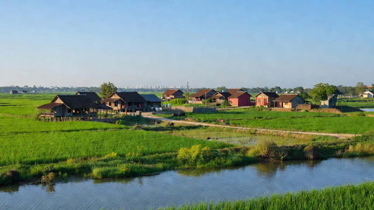 Khung cảnh xã Tráng Việt bên sông Hồng, Hà Nội, với cánh đồng xanh và bầu trời trong vắt.