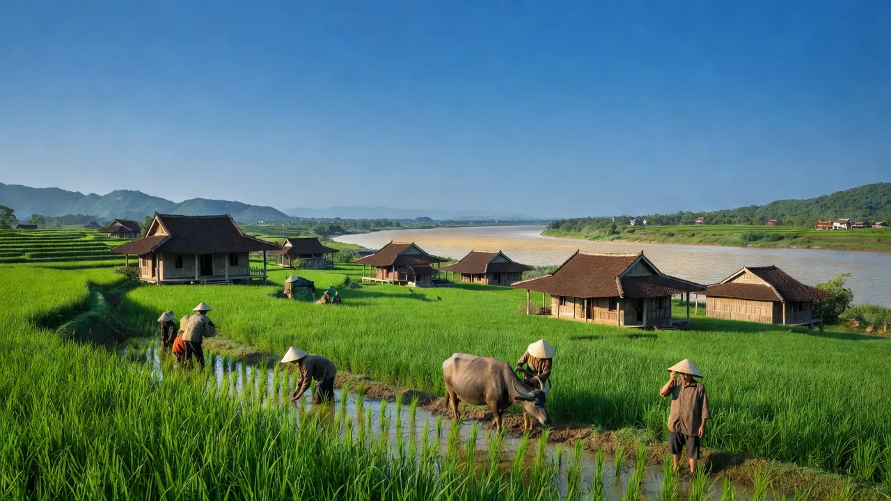 Cảnh đồng xanh tươi ở xã Tự Lập, huyện Mê Linh, Hà Nội với nhà truyền thống và sông Hồng.