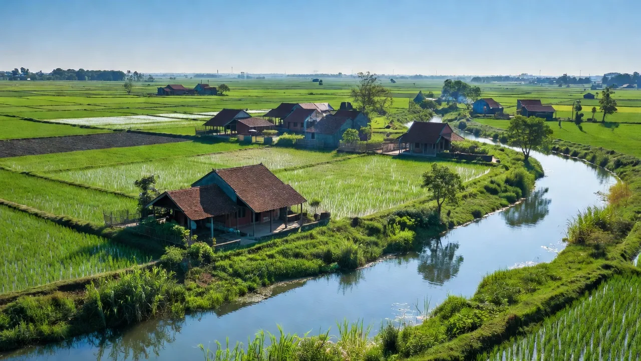 Cảnh quan xã Văn Khê, huyện Mê Linh, Hà Nội với cánh đồng màu mỡ và dòng sông thơ mộng.