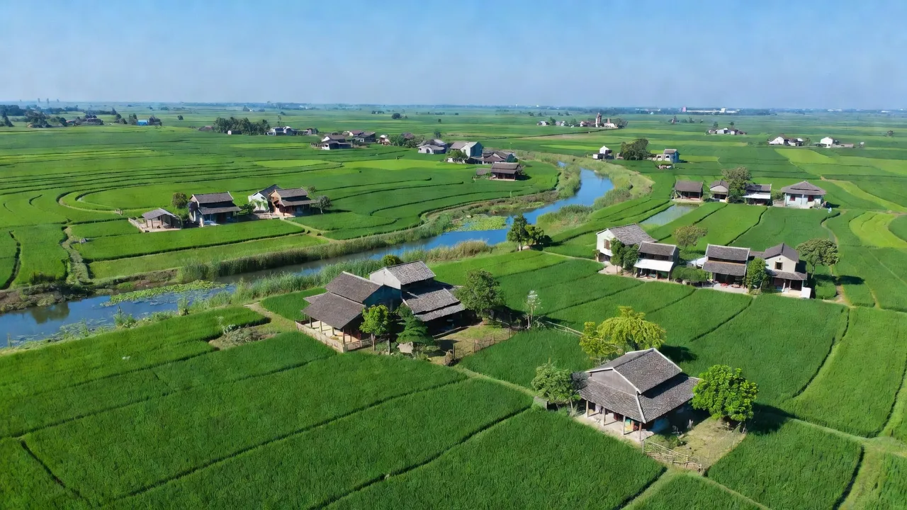 Khung cảnh xanh tươi của xã Văn Khê, huyện Mê Linh, Hà Nội, với đồng ruộng và nhà truyền thống.