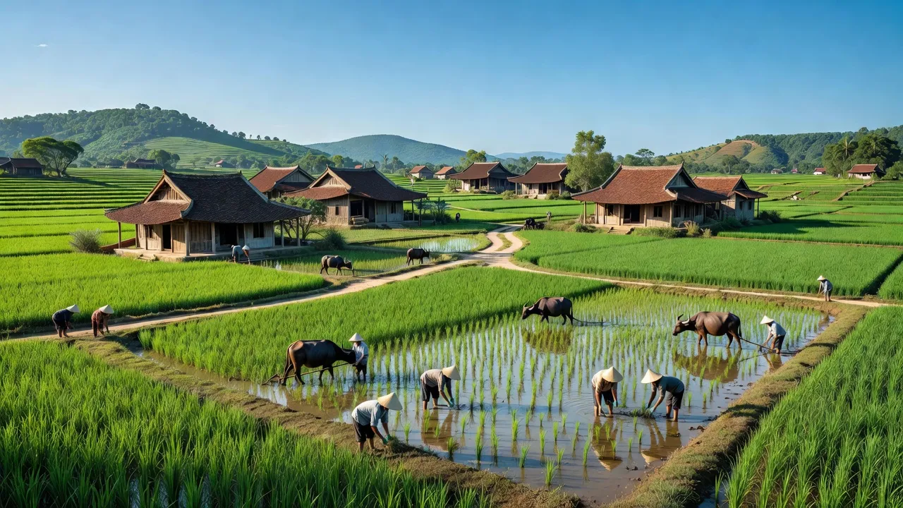 Cảnh sắc huyện Mỹ Đức, Hà Nội với cánh đồng xanh và nhà truyền thống Việt Nam.