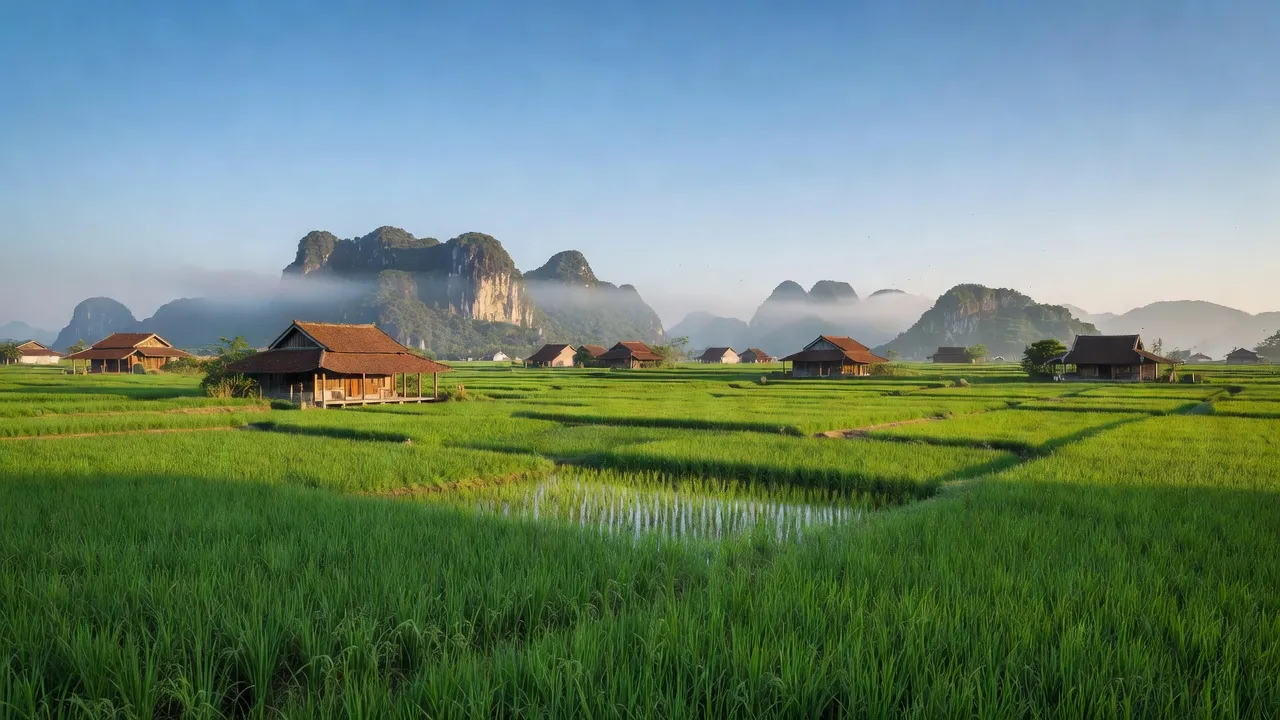 Cảnh đẹp xã An Mỹ, huyện Mỹ Đức, Hà Nội với đồng lúa xanh và núi đá vôi.
