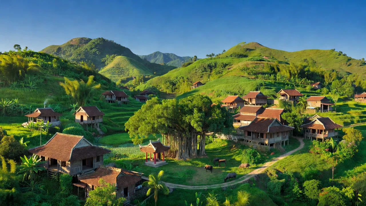 Cảnh đẹp xã An Phú, huyện Mỹ Đức, Hà Nội với những ngọn đồi xanh và nhà truyền thống.
