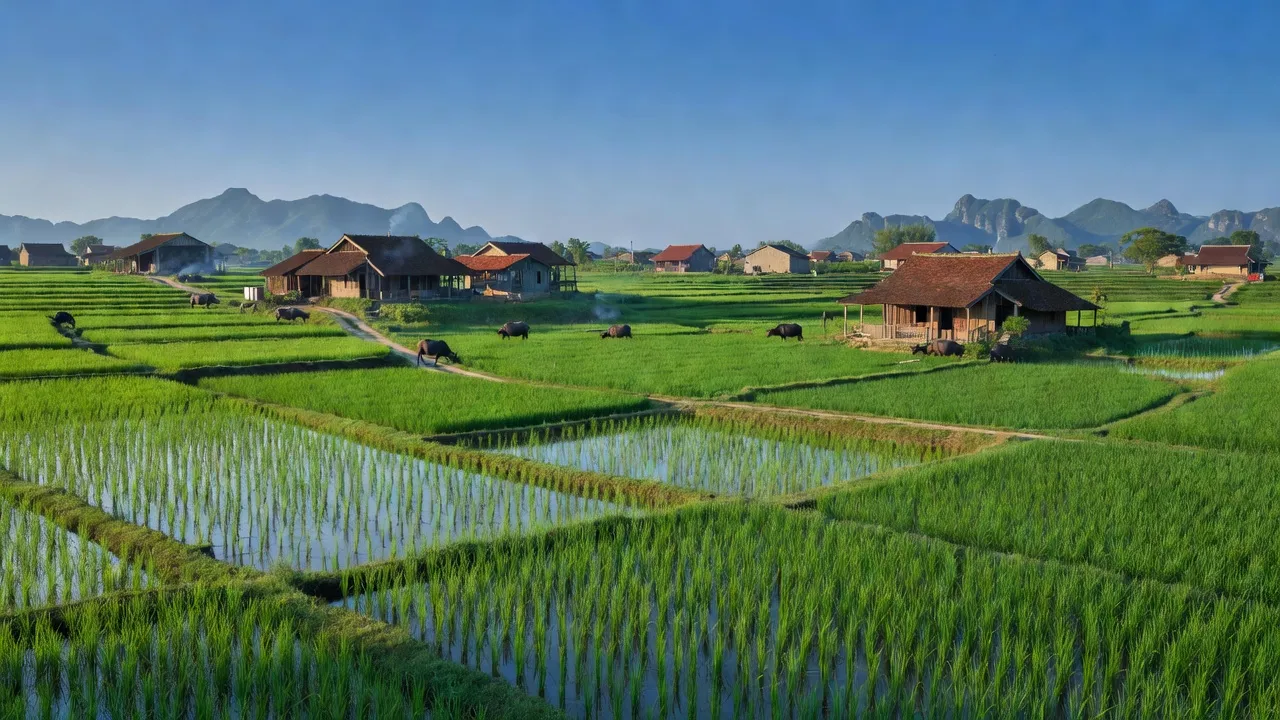 Khung cảnh làng An Tiến, huyện Mỹ Đức, Hà Nội với ruộng lúa và nhà truyền thống.