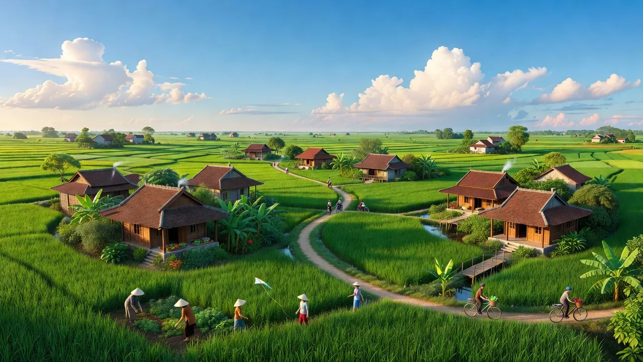 Cảnh đẹp xã Đại Hưng, huyện Mỹ Đức, Hà Nội với đồng xanh tươi mát và nhà truyền thống.