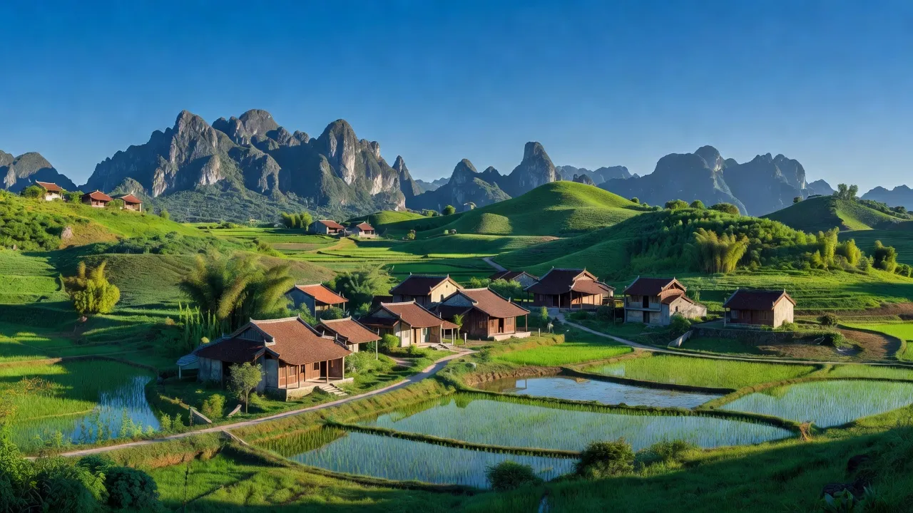 Cảnh quan Xã Hồng Sơn, huyện Mỹ Đức, thành phố Hà Nội với núi đá vôi và nhà làng truyền thống.