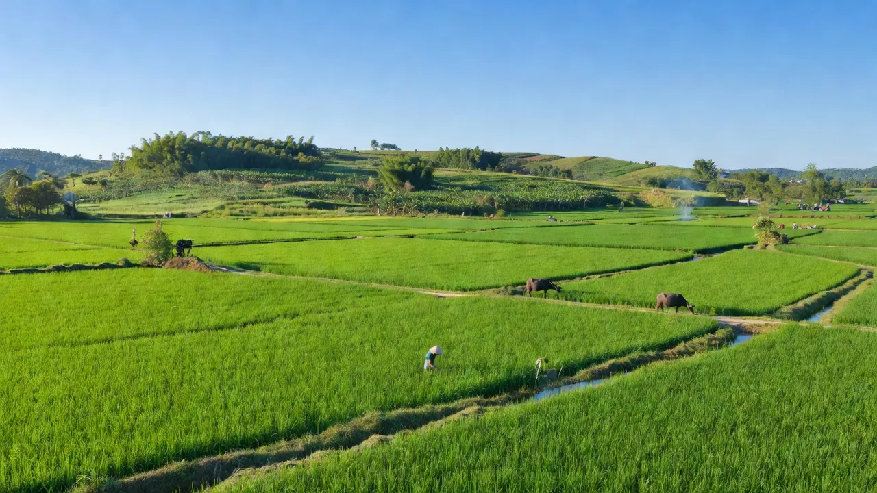 Cảnh quan Hợp Thanh, huyện Mỹ Đức, Hà Nội với cánh đồng xanh và đồi núi thấp,  thể hiện vẻ đẹp thiên nhiên.