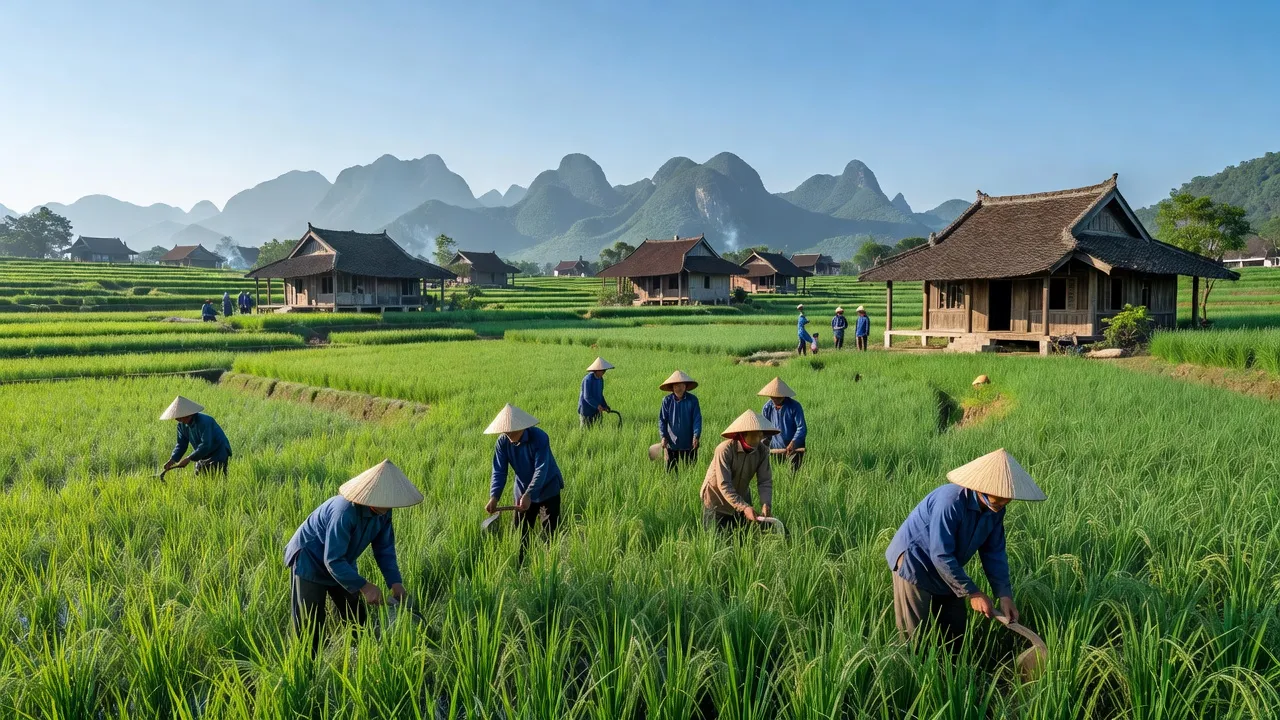 Cảnh đồng xanh và nhà truyền thống ở Xã Hợp Tiến, huyện Mỹ Đức, Hà Nội, thể hiện cuộc sống nông thôn.