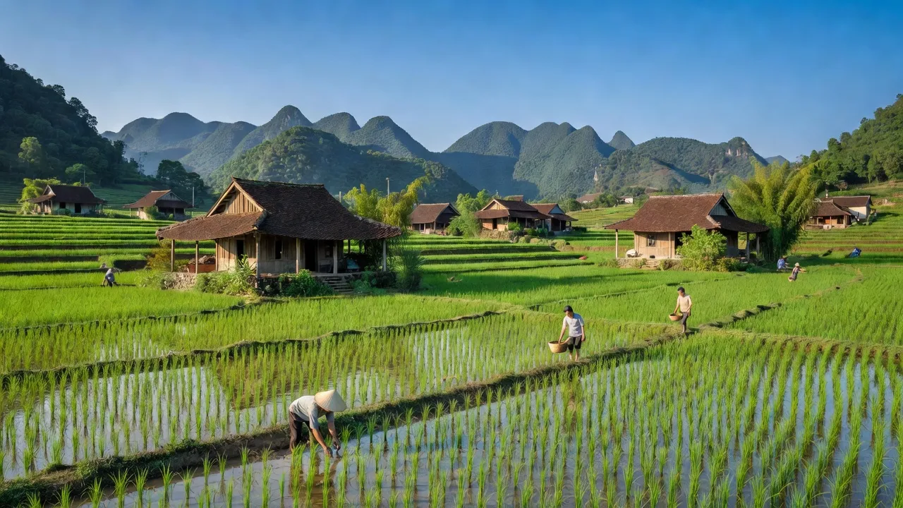 Cảnh quan Hợp Tiến, huyện Mỹ Đức, Hà Nội với cánh đồng xanh, nhà truyền thống và nông dân làm việc.