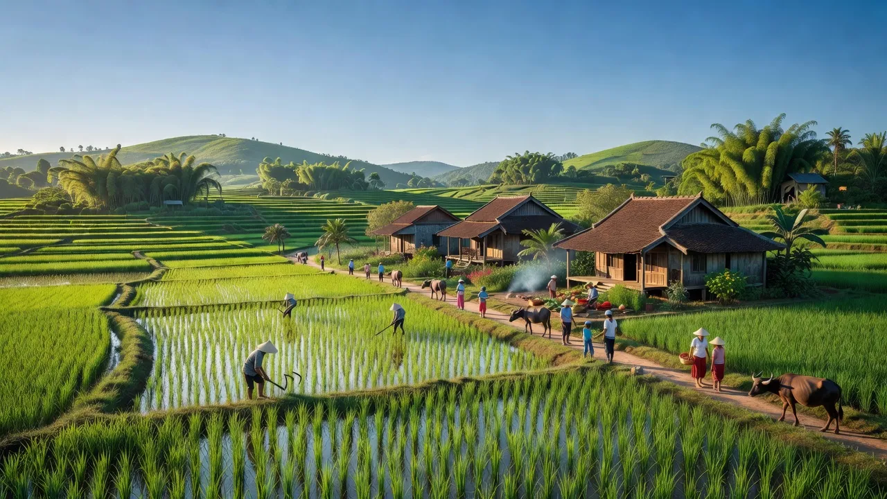 Quang cảnh xã Hùng Tiến, huyện Mỹ Đức, Hà Nội với cánh đồng xanh và nhà truyền thống.